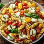 Creamy Caprese Pasta Salad with mozzarella, basil, and cherry tomatoes in a rustic serving bowl