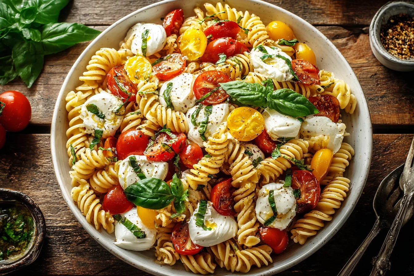Creamy Caprese Pasta Salad with mozzarella, basil, and cherry tomatoes in a rustic serving bowl