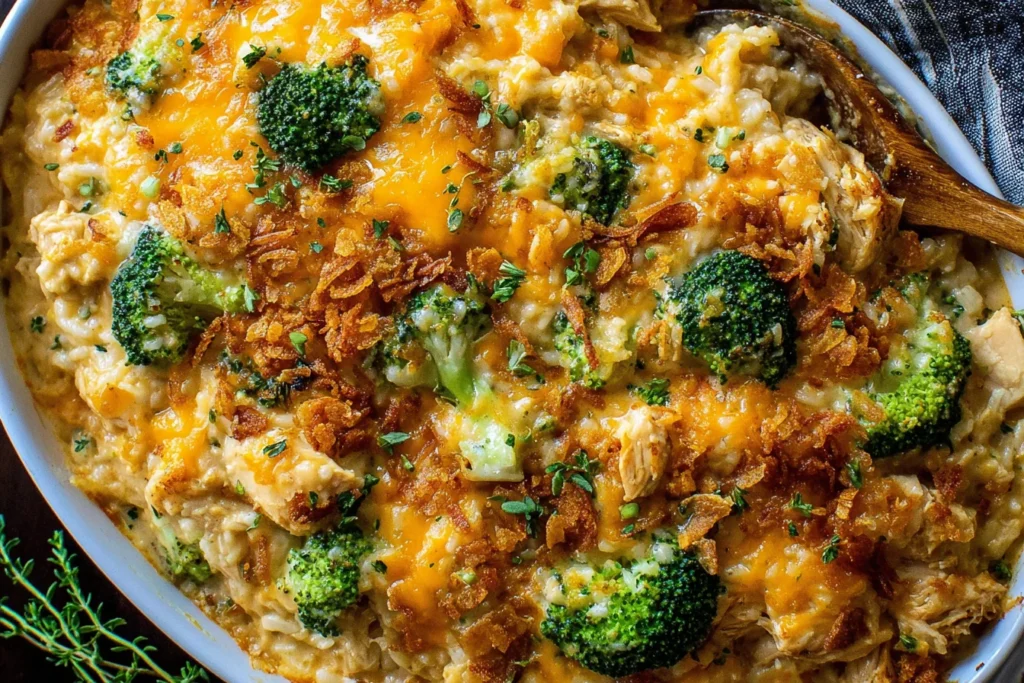 Close-up of Creamy Chicken Broccoli Rice Cheese Casserole with melted cheddar and crispy onions