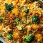 Close-up of Creamy Chicken Broccoli Rice Cheese Casserole with melted cheddar and crispy onions