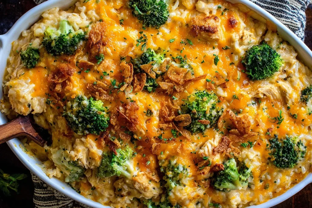 Creamy Chicken Broccoli Rice Cheese Casserole baked with cheddar cheese, broccoli, chicken, and crispy fried onions