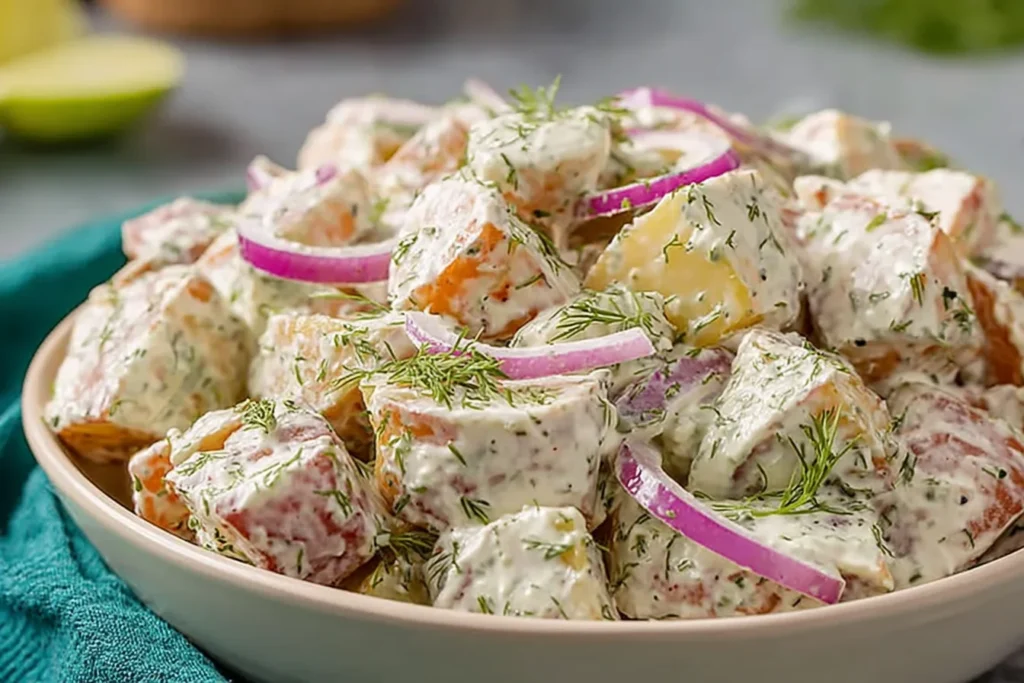 Close-up of Jamaican Potato Salad with creamy vegan dressing, sweet potatoes, red onion slices, and fresh herbs