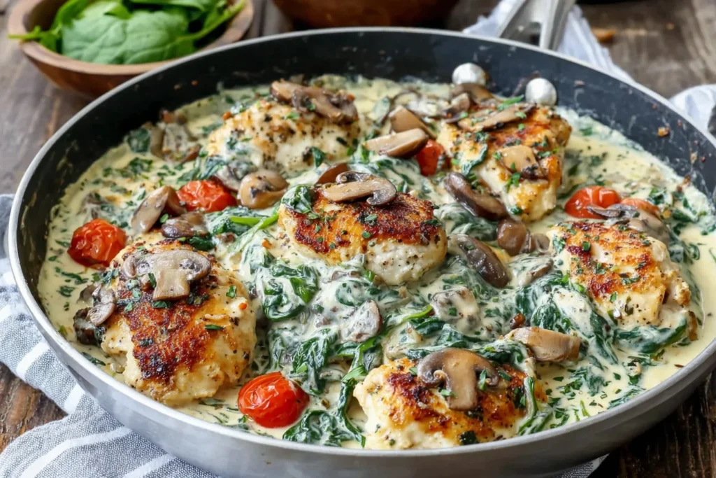 Creamy Mediterranean Chicken Skillet with seared chicken, sautéed mushrooms, spinach, and cherry tomatoes in creamy sauce