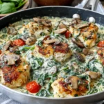 Creamy Mediterranean Chicken Skillet with seared chicken, sautéed mushrooms, spinach, and cherry tomatoes in creamy sauce