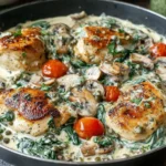 Creamy Mediterranean Chicken Skillet with spinach, mushrooms, and cherry tomatoes in a rich garlic cream sauce
