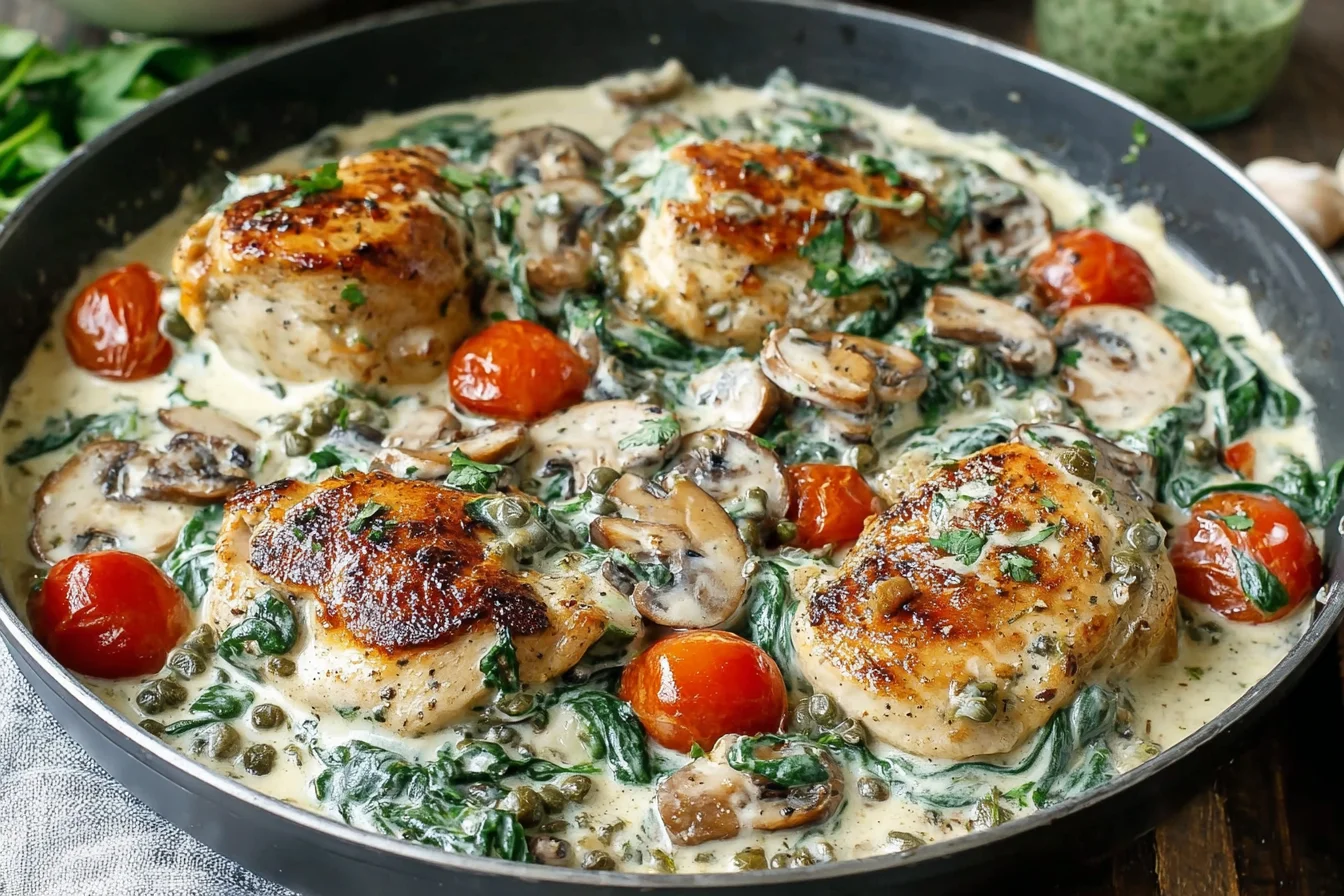 Creamy Mediterranean Chicken Skillet with spinach, mushrooms, and cherry tomatoes in a rich garlic cream sauce