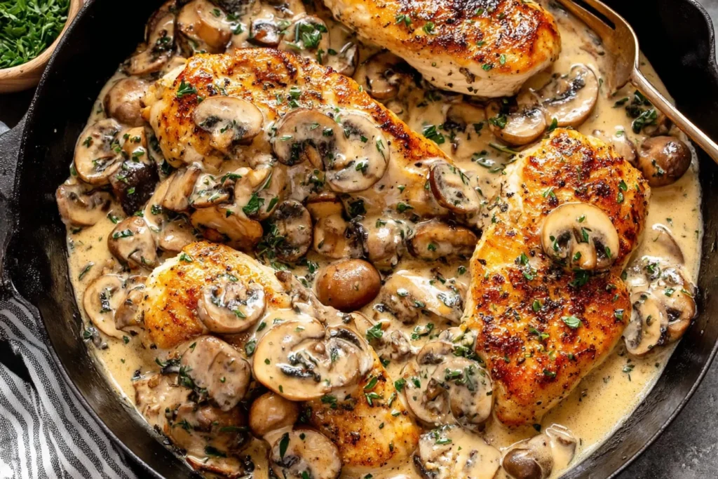 Creamy Mushroom Chicken with pan-seared chicken breasts and creamy mushroom gravy