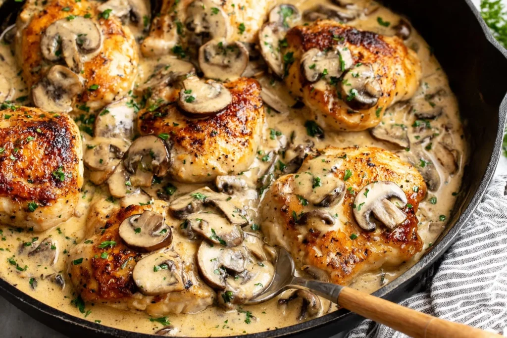 Creamy Mushroom Chicken skillet with tender chicken and rich mushroom cream sauce