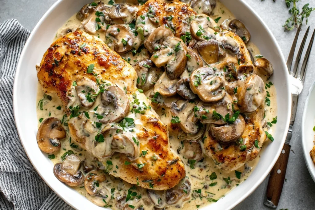 Creamy Mushroom Chicken with golden chicken breasts and creamy garlic mushroom sauce