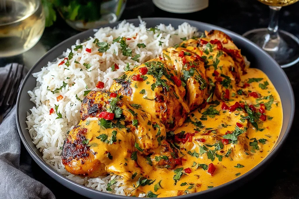 Creamy Peri-Peri Chicken with Rice topped with parsley and red peppers in a creamy peri-peri sauce