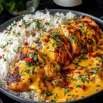 Creamy Peri-Peri Chicken with Rice topped with parsley and red peppers in a creamy peri-peri sauce