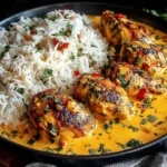 Creamy Peri-Peri Chicken with Rice served in a skillet with fluffy white rice and creamy spicy sauce