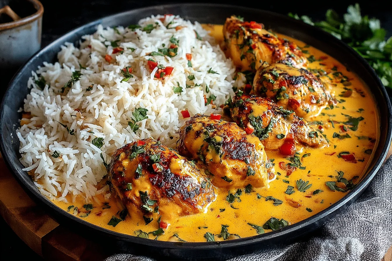 Creamy Peri-Peri Chicken with Rice served in a skillet with fluffy white rice and creamy spicy sauce