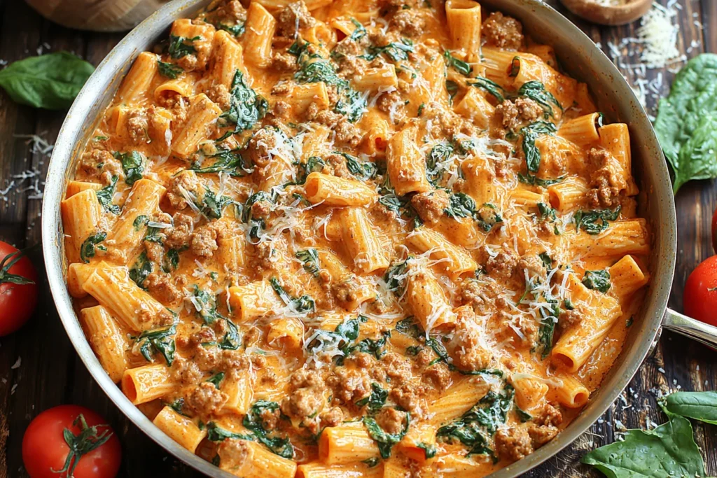 Creamy Sausage Rigatoni in skillet with fresh tomatoes spinach and parmesan cheese
