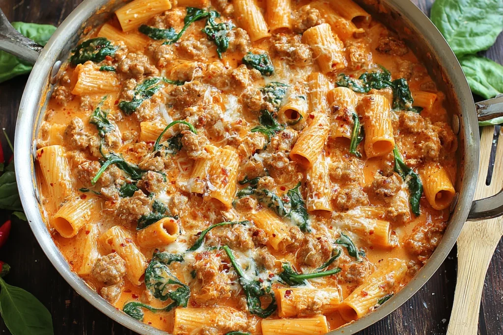 Creamy Sausage Rigatoni cooking in a skillet with sausage and spinach in creamy tomato sauce