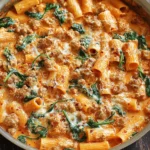 Creamy Sausage Rigatoni cooking in a skillet with sausage and spinach in creamy tomato sauce