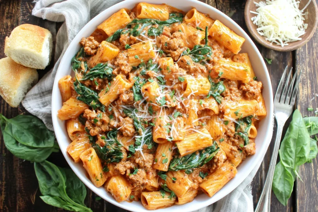 Creamy Sausage Rigatoni served in a bowl with spinach and parmesan cheese