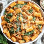 Creamy Sausage Rigatoni served in a bowl with spinach and parmesan cheese
