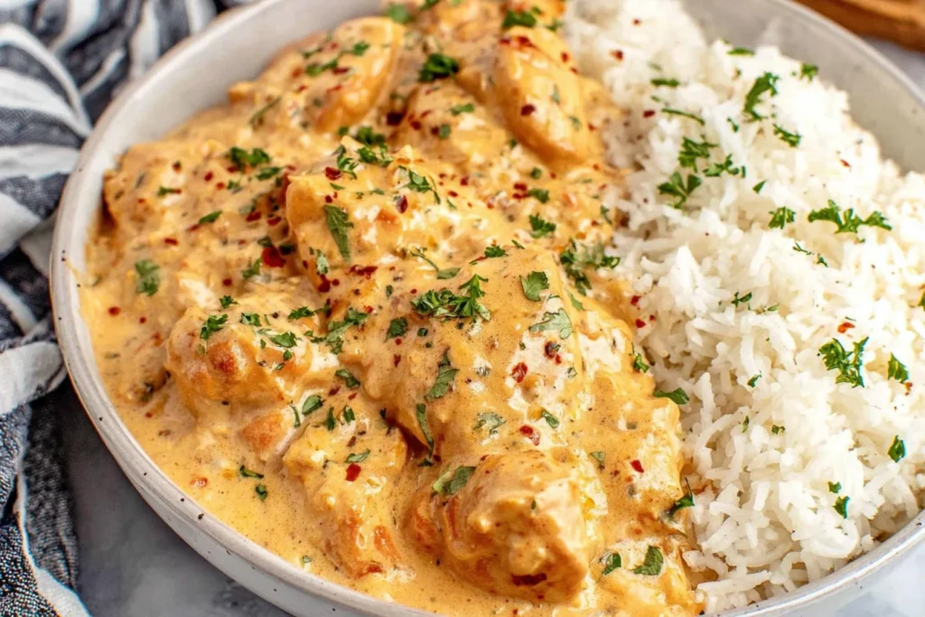 Creamy Smothered Chicken and Rice Recipe served with fluffy white rice and rich, cheesy sauce