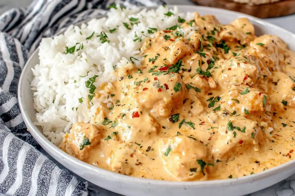 Creamy Smothered Chicken and Rice Recipe plated with fluffy rice and garnished with parsley