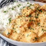 Creamy Smothered Chicken and Rice Recipe plated with fluffy rice and garnished with parsley