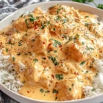 Close-up of Creamy Smothered Chicken and Rice Recipe topped with herbs and red pepper flakes