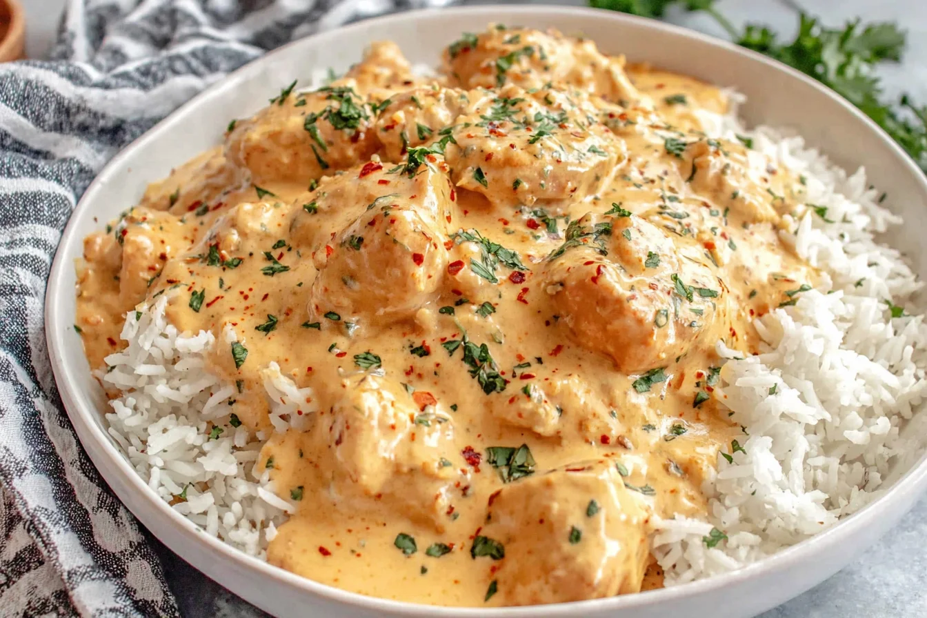Close-up of Creamy Smothered Chicken and Rice Recipe topped with herbs and red pepper flakes