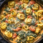 Creamy Spinach Tomato Tortellini with fresh spinach and tomatoes in creamy parmesan sauce