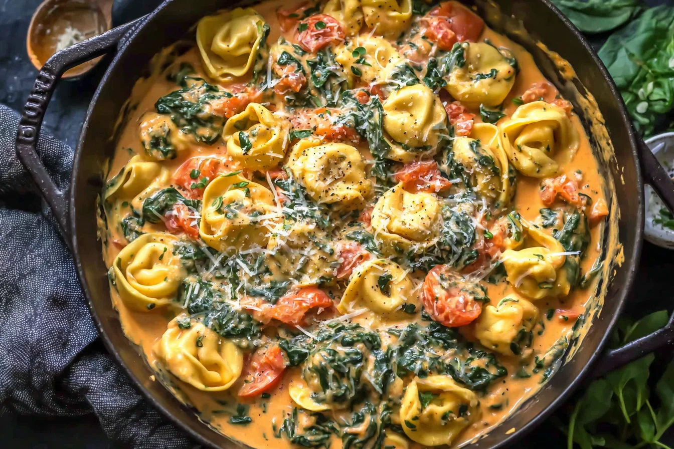 Creamy Spinach Tomato Tortellini with fresh spinach and tomatoes in creamy parmesan sauce