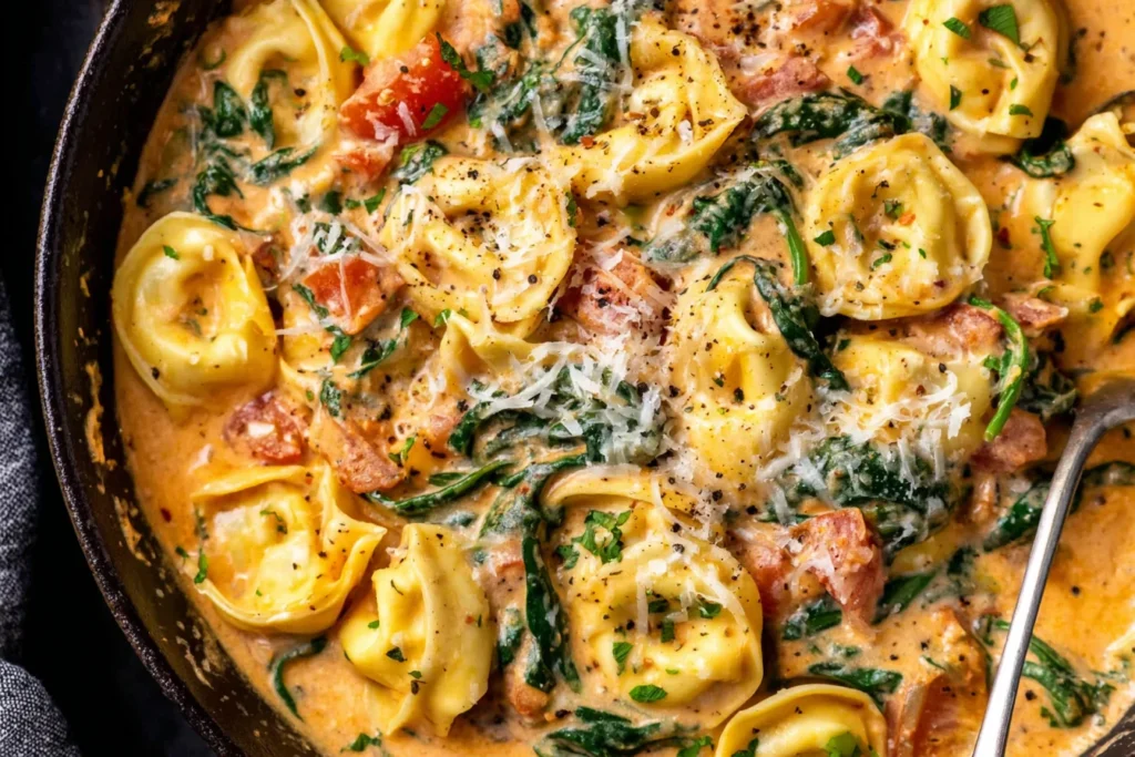 Creamy Spinach Tomato Tortellini in a skillet with parmesan cheese and fresh spinach