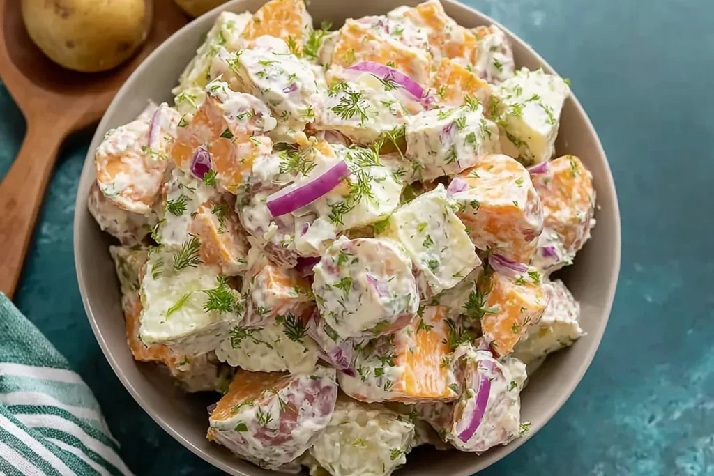 Vegan Jamaican Potato Salad with creamy dressing, sweet potatoes, red onion, and herbs in a bowl