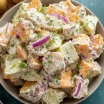 Vegan Jamaican Potato Salad with creamy dressing, sweet potatoes, red onion, and herbs in a bowl