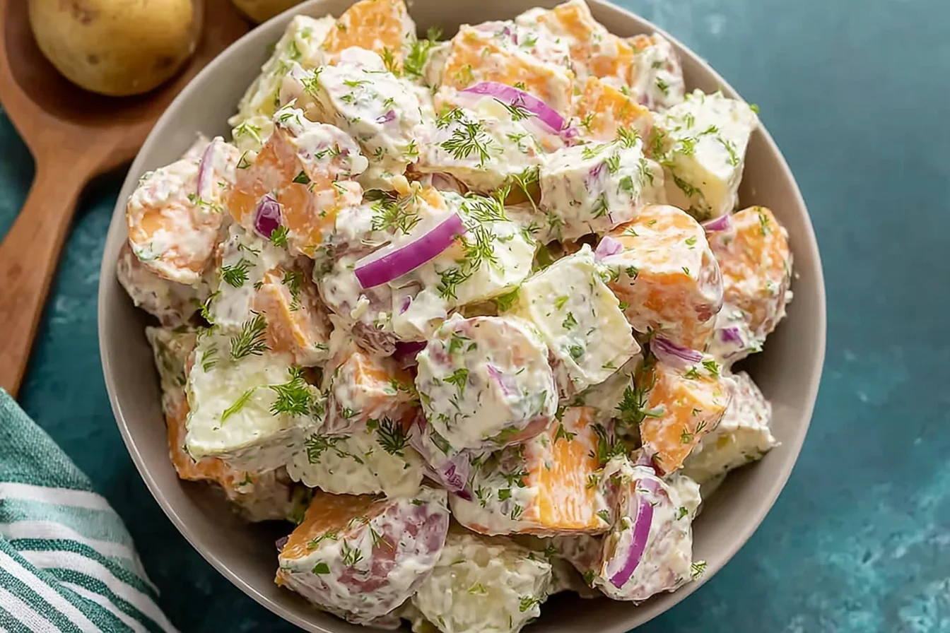 Vegan Jamaican Potato Salad with creamy dressing, sweet potatoes, red onion, and herbs in a bowl