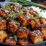 Crispy Honey Garlic Tofu glazed with sticky honey garlic sauce and topped with sesame seeds and green onions