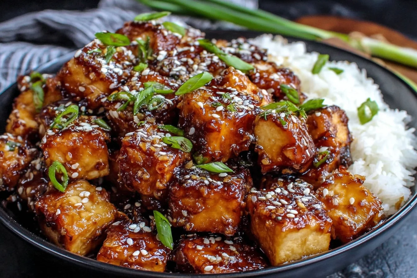 Crispy Honey Garlic Tofu glazed with sticky honey garlic sauce and topped with sesame seeds and green onions