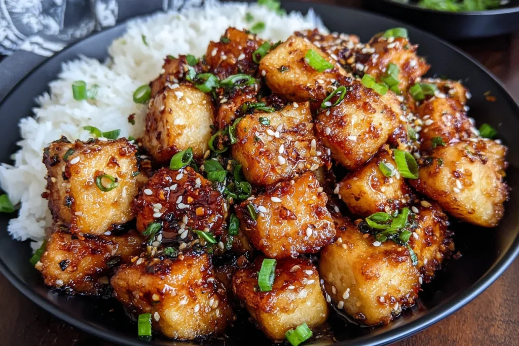 Crispy Honey Garlic Tofu served over fluffy white rice with sesame seeds and fresh green onions