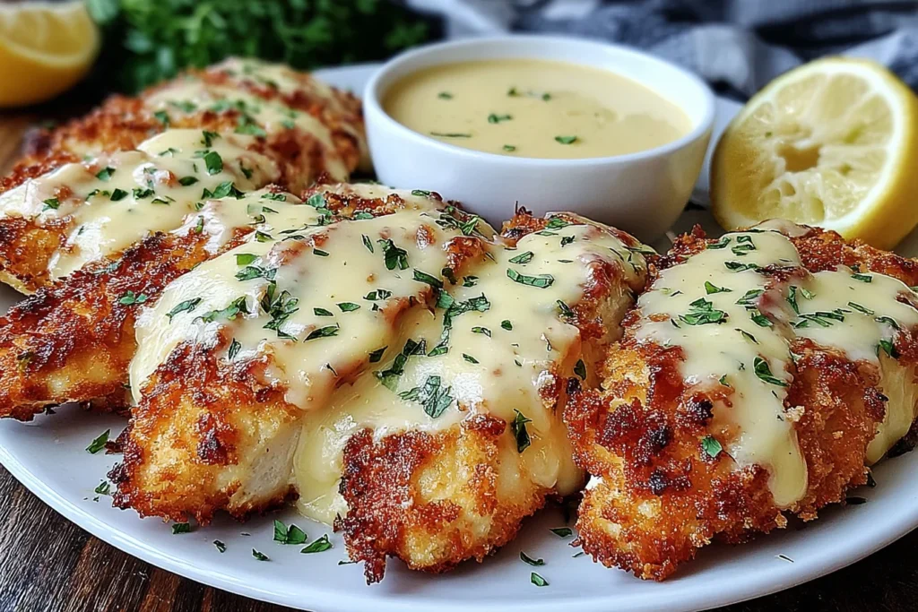 Crispy Malibu Chicken Recipe with cheesy crispy chicken and homemade mustard sauce