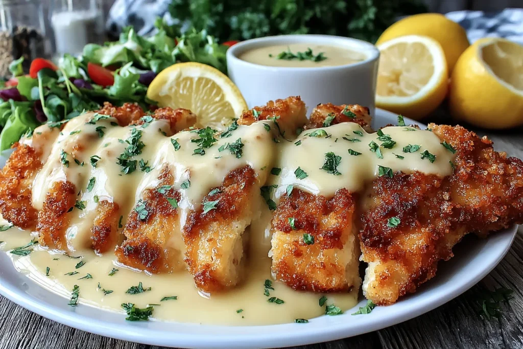 Crispy Malibu Chicken Recipe served with creamy mustard sauce and fresh parsley