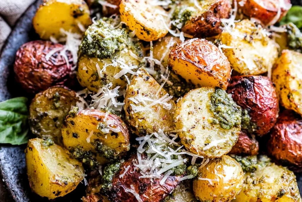 Parmesan Pesto Roasted Potatoes with crispy golden edges, fresh pesto coating, and grated parmesan cheese on roasted baby potatoes