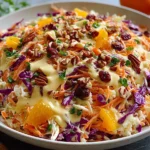 Crunchy Apple Carrot Salad topped with pecans, dried cranberries, red cabbage, and creamy orange citrus dressing