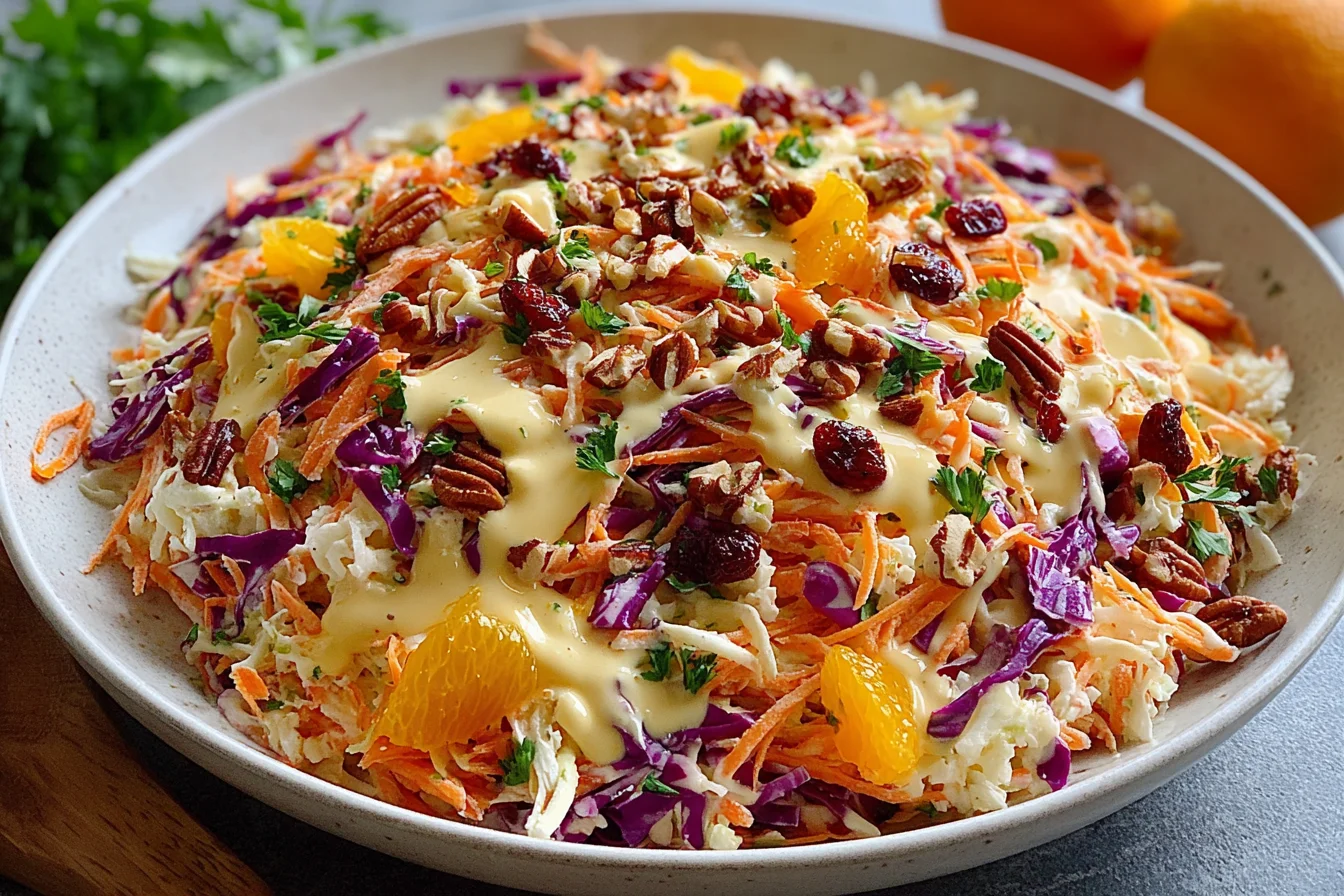 Crunchy Apple Carrot Salad topped with pecans, dried cranberries, red cabbage, and creamy orange citrus dressing