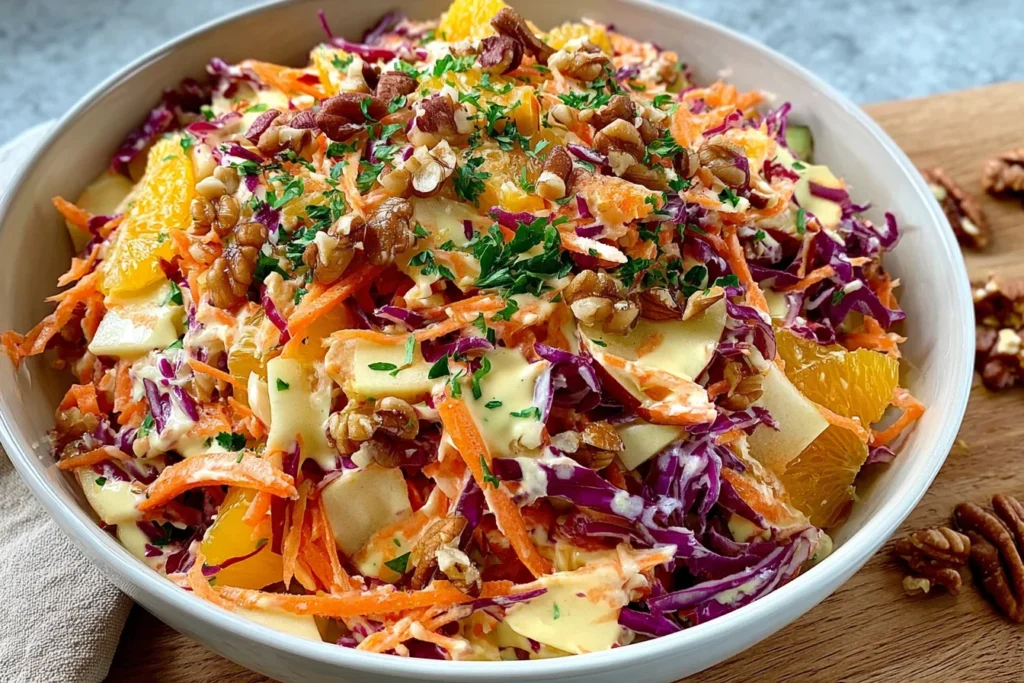 Crunchy Apple Carrot Salad with creamy citrus dressing, red cabbage, walnuts, parsley, and fresh orange slices
