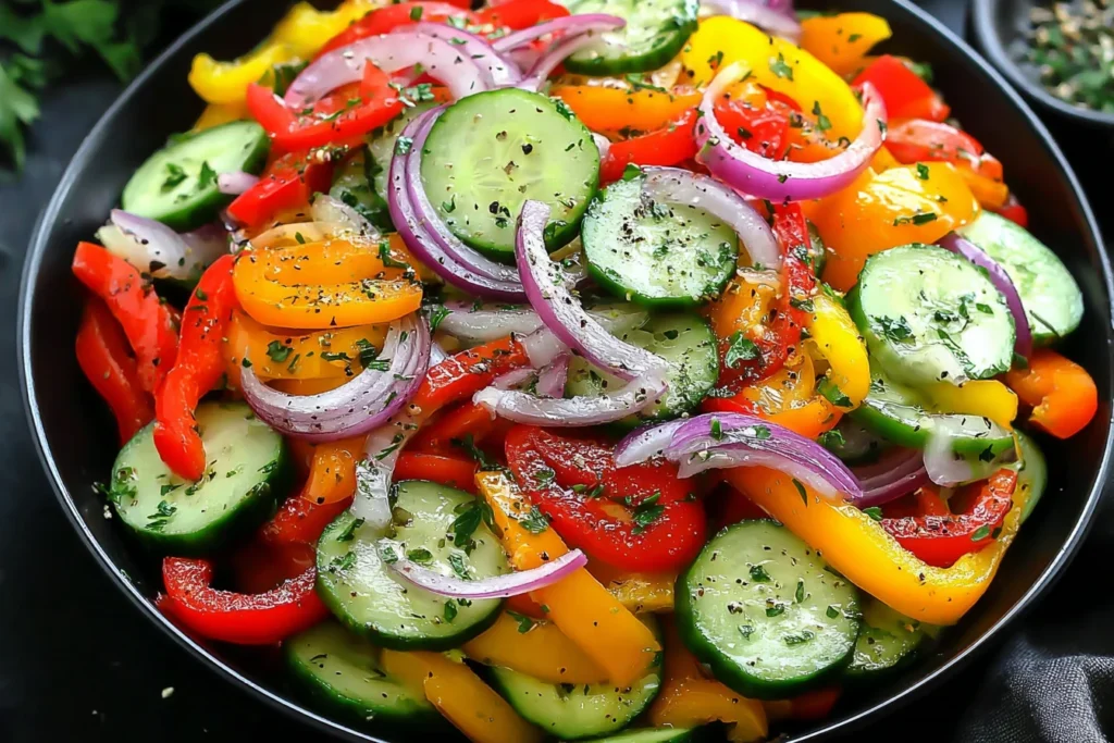 Cucumber Sweet Pepper Salad served in a black bowl with cucumbers, sweet bell peppers, red onion, and fresh herbs