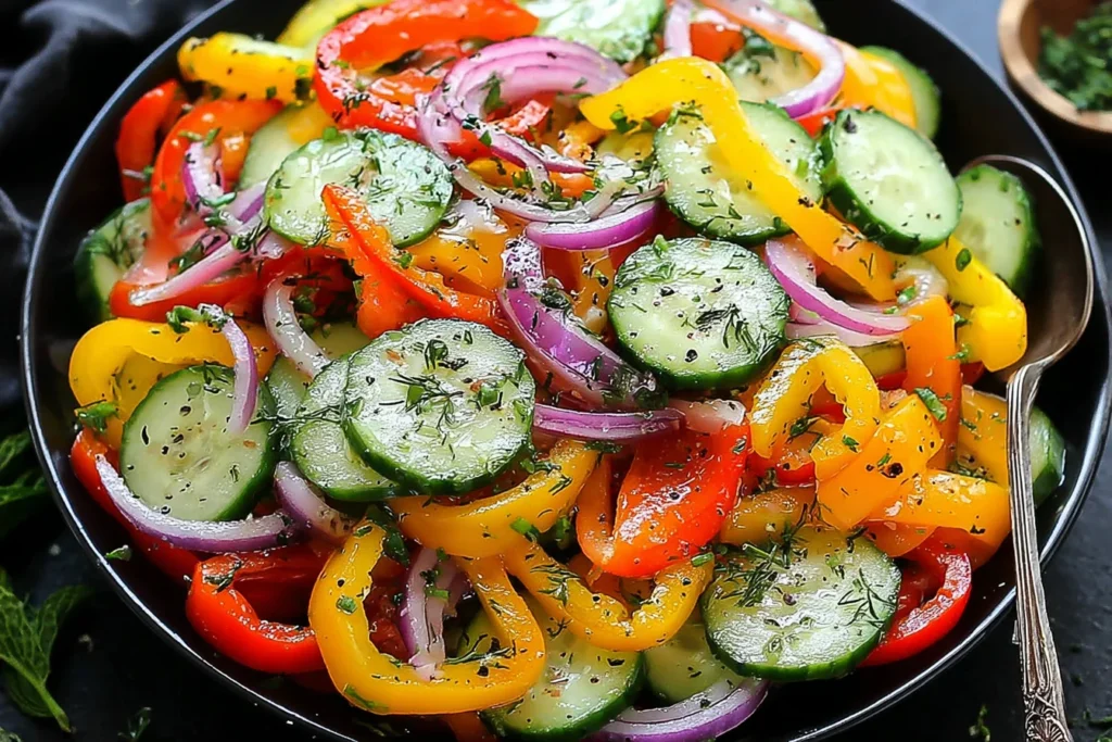 Cucumber Sweet Pepper Salad with fresh cucumbers, colorful bell peppers, red onion, and dill in a light homemade dressing