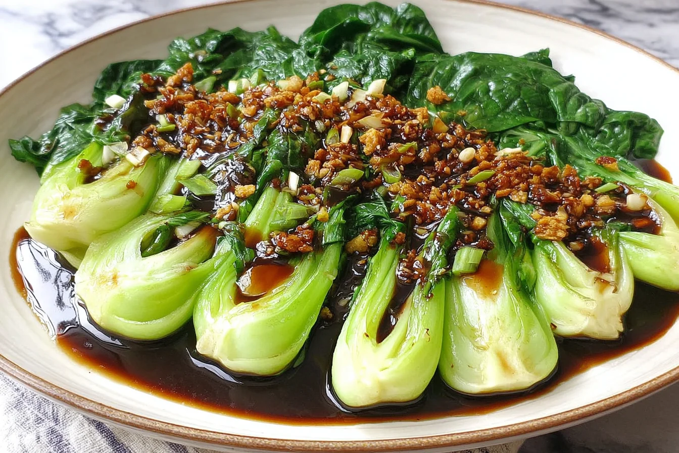 Easy Bok Choy With Garlic Soy Sauce arranged on a serving plate with glossy garlic sauce and vibrant green bok choy