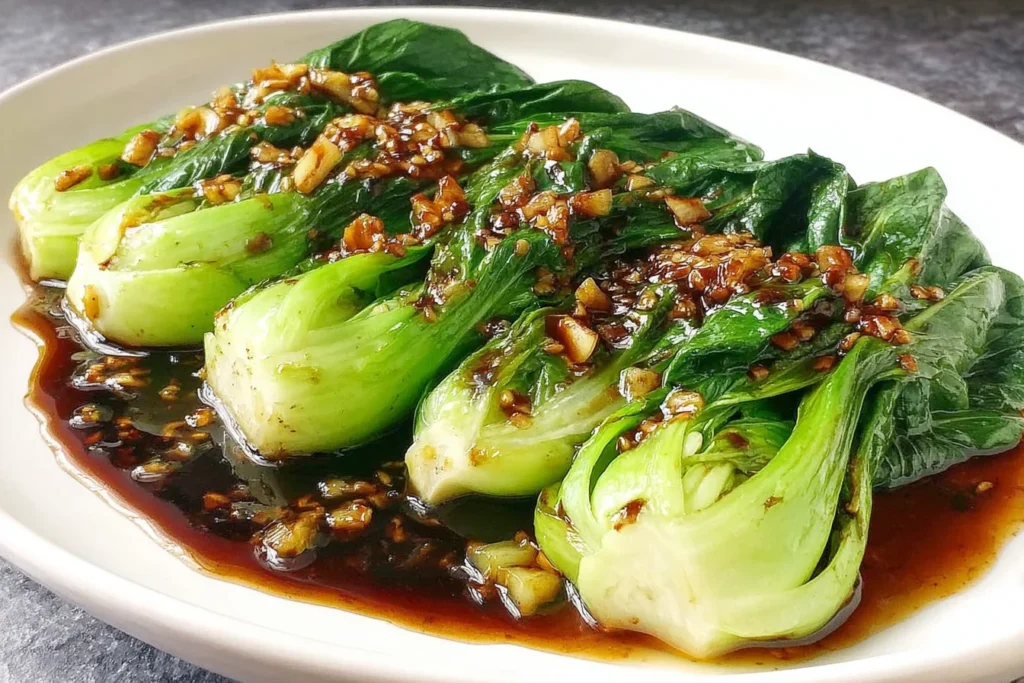 Easy Bok Choy With Garlic Soy Sauce served on a white platter with tender bok choy and savory garlic soy glaze