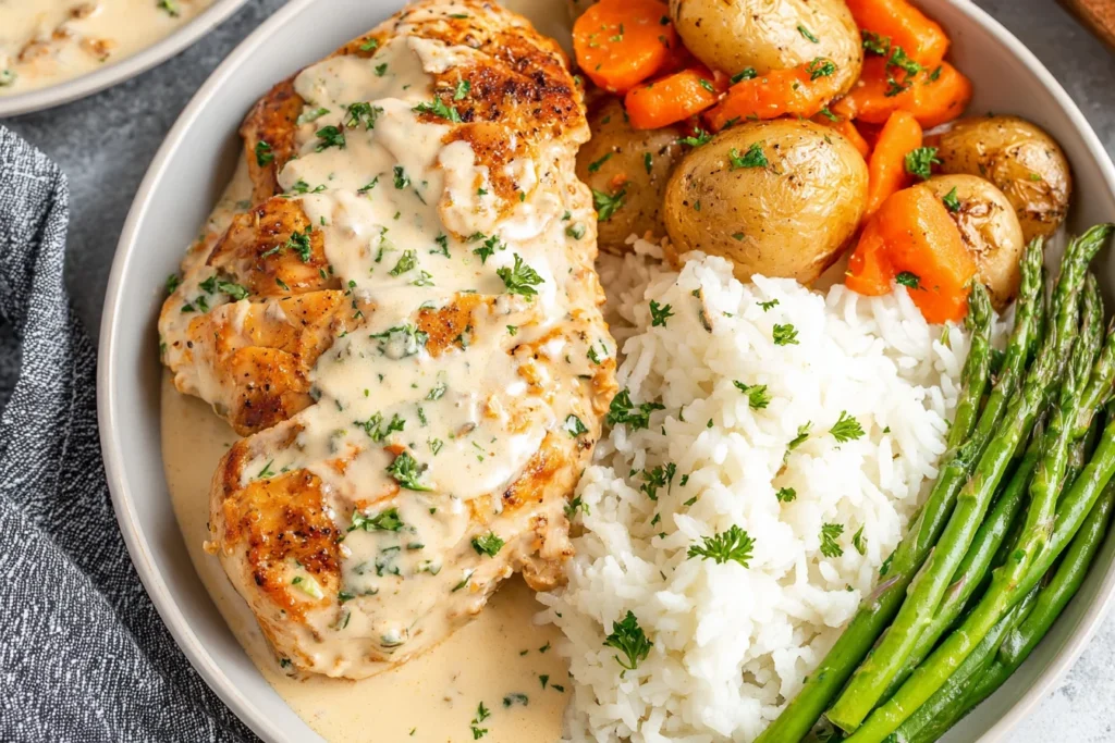 Easy Cream Cheese Chicken served with rice asparagus and roasted vegetables