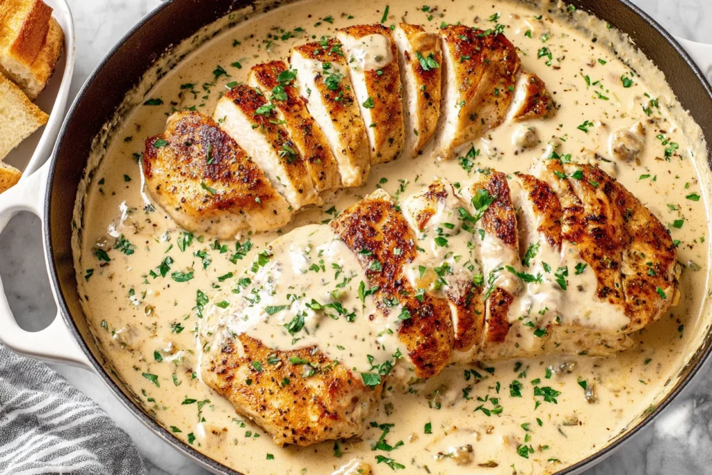 Easy Cream Cheese Chicken sliced and served in creamy sauce with fresh herbs