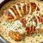 Easy Cream Cheese Chicken sliced and served in creamy sauce with fresh herbs