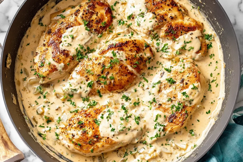 Easy Cream Cheese Chicken in skillet with creamy garlic herb sauce and seared chicken breasts